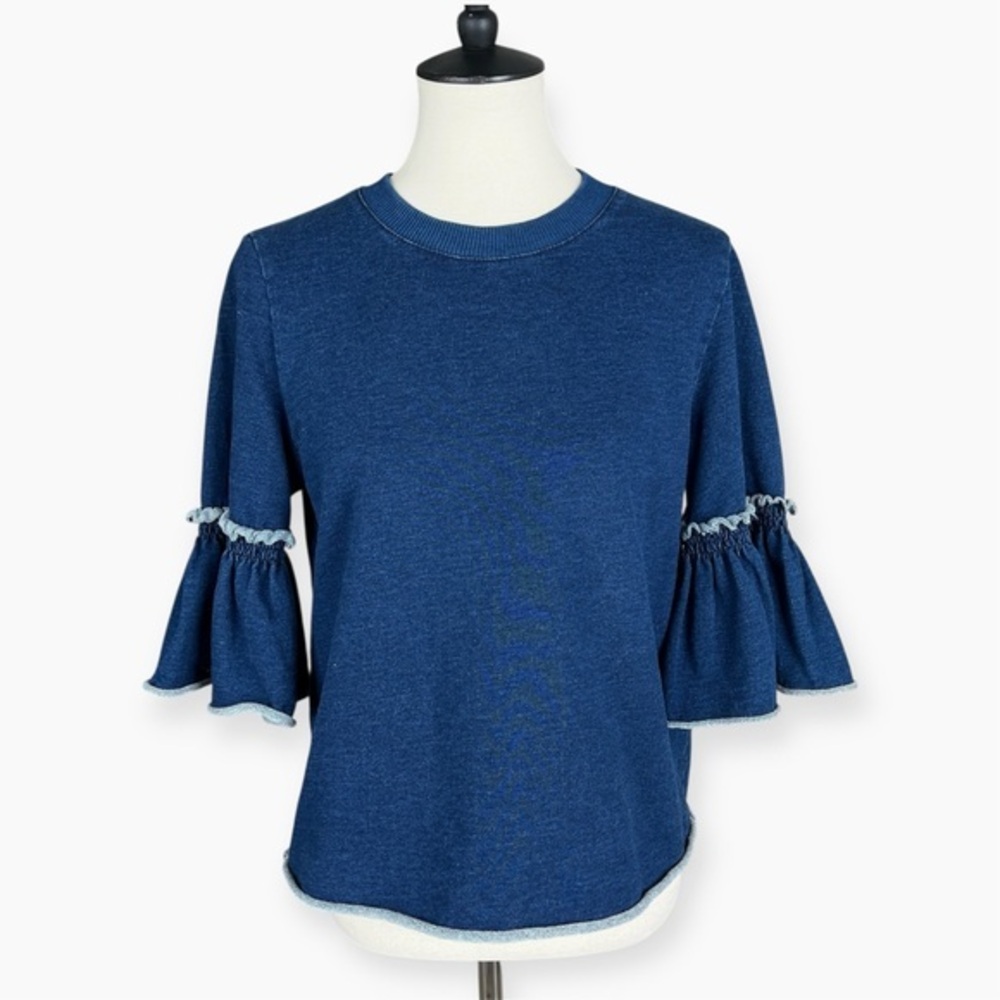 See‎ By Chloe Flare Ruffle Sleeve Top Shady Cobalt Indigo Blue Cotton Stretch M